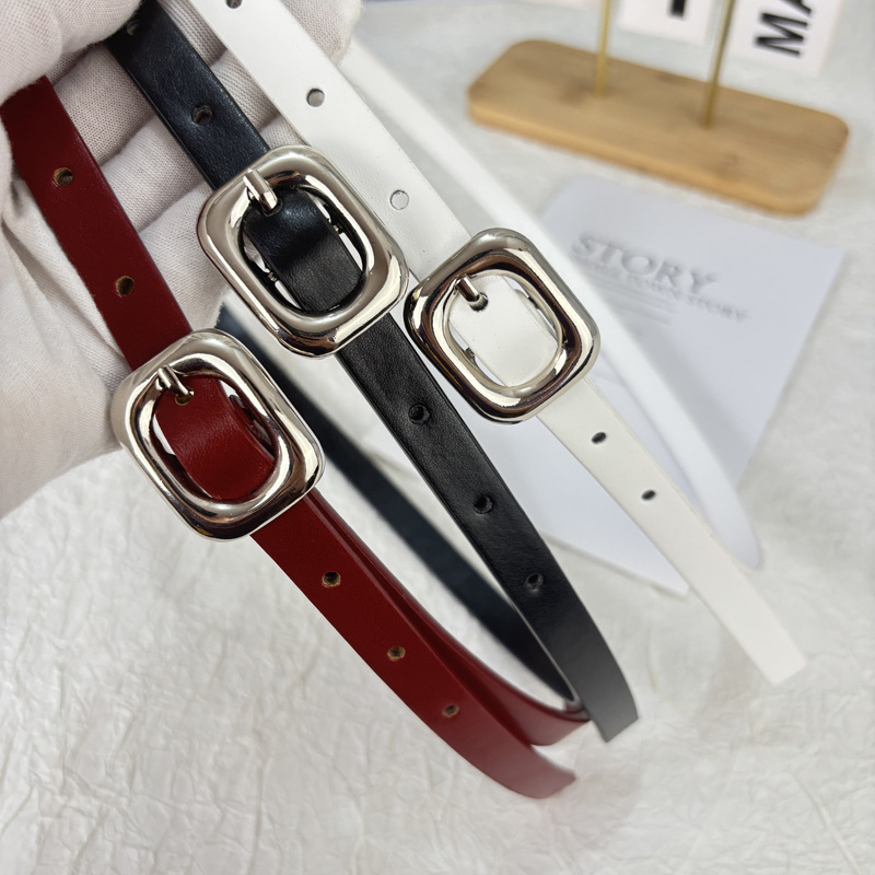 Italian European and American Red Thin Belt Women's Y2K Metal Buckle Retro Trouser Belt Niche Accessories Genuine Leather Belt Italian European and American Red Thin Belt Women's Y2K Metal Buckle Retro Trouser Belt Niche Accessories Genuine Leather Belt