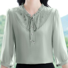 雪纺打底衫女短袖夏季新款独漂亮女士洋气七分袖系带上衣潮