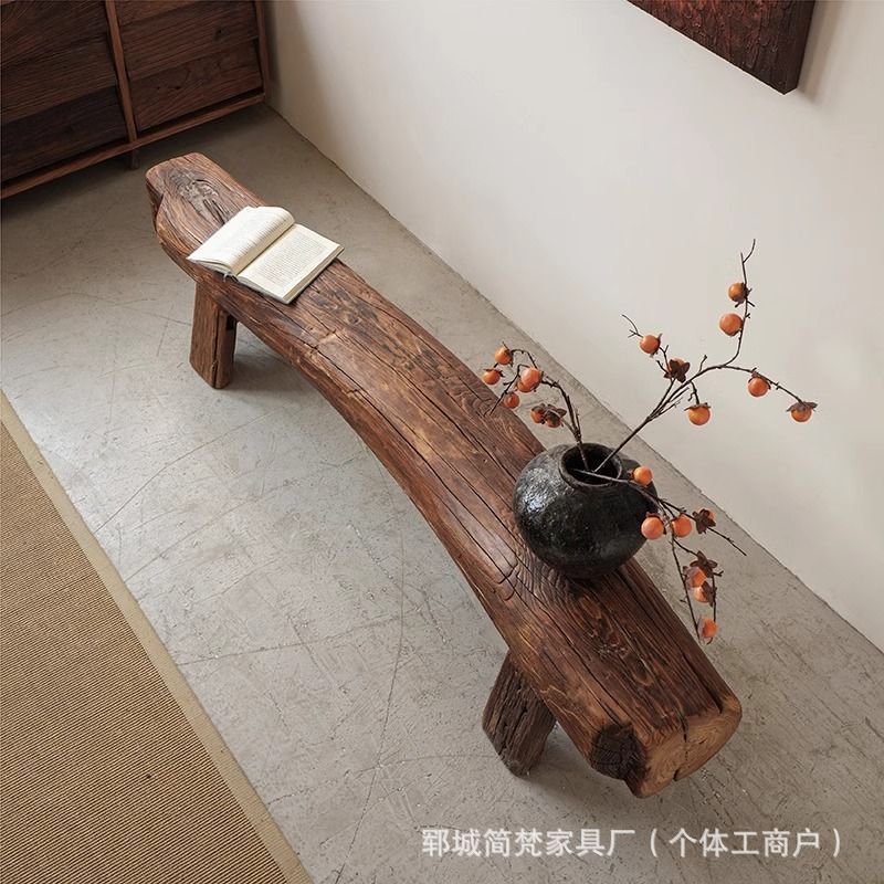 北の古いニレ風化ロングベンチ円筒形木製パイルスツールB&B装飾無垢材特殊形状靴交換スツールベンチ|undefined