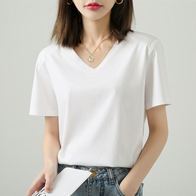 White Short-Sleeve Women's T-Shirt with V-Neck, Loose Fit, Spring/Summer 2026 New Style, Sweetheart Neckline, Pure Cotton Base Shirt, Slim Fit Top