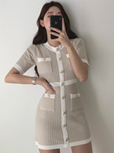 韩国chic夏季女装复古小众圆领撞色设计感修身包臀裙针织连衣裙女