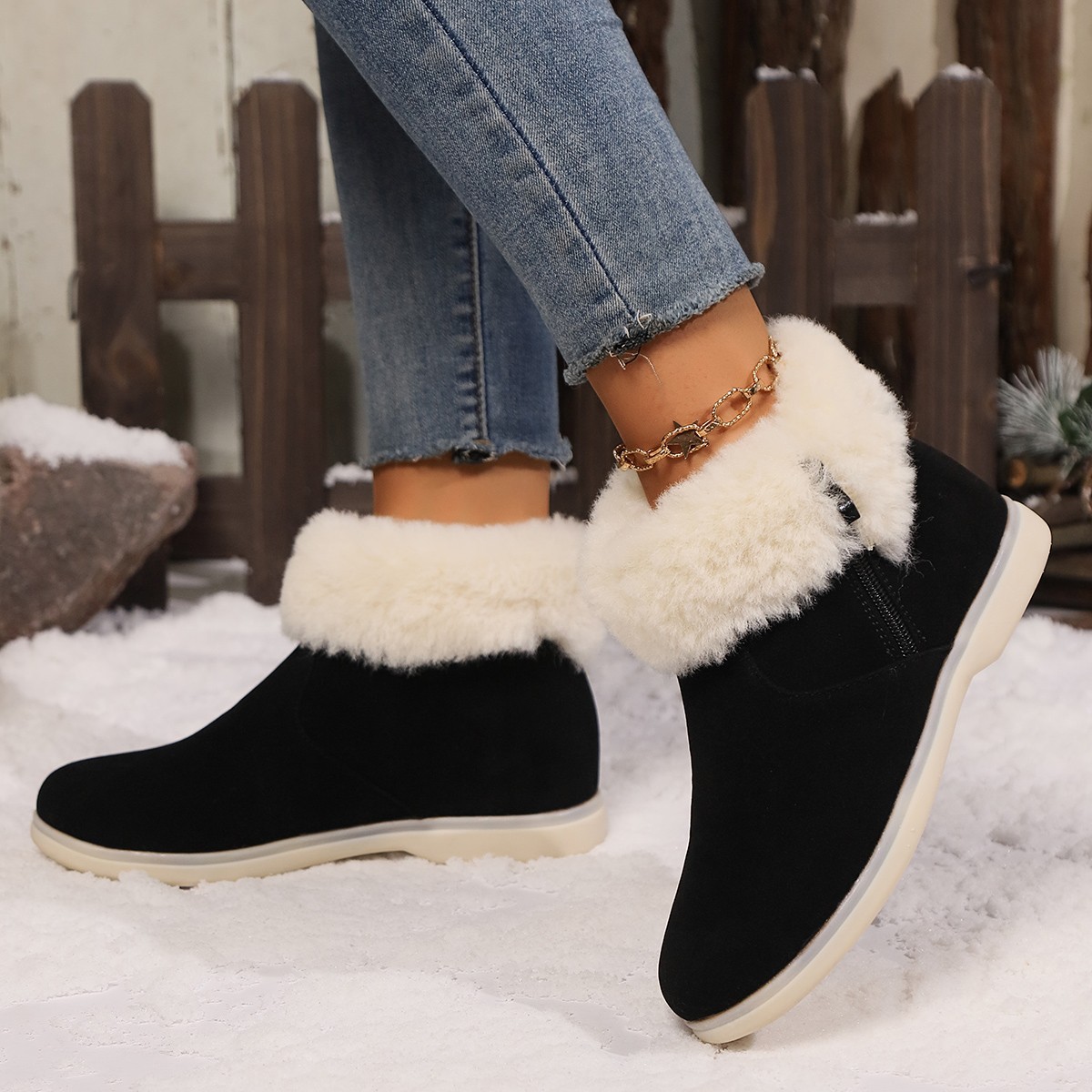 Snow boots women's fur one winter warm short tube diagonal women's cotton shoes boots_voghion.com