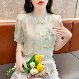2025夏季新款中式国风衬衫女短袖钉珠盘扣碎花天丝泡泡袖上衣