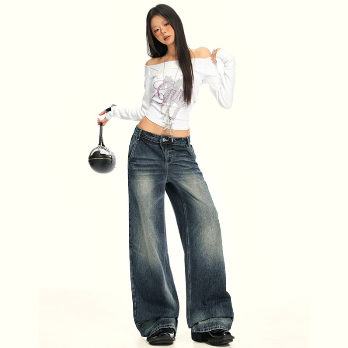 美式复古小众深蓝斑驳纹理抓须牛仔裤女2025秋季新款宽松阔腿长裤|undefined