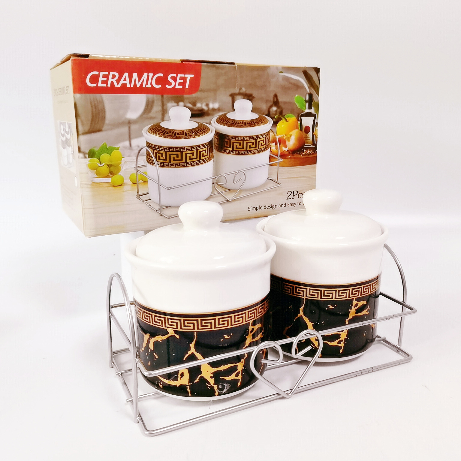 Exportación transfronteriza 2-pack cerámica chapado en oro condimento tarro con estante de hierro cocina condimento botella té tarro Oriente Medio