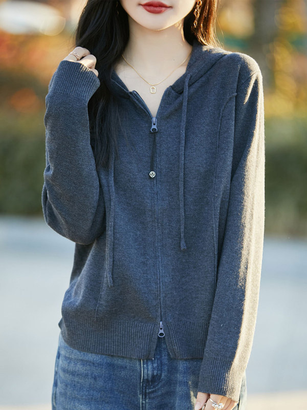 【厂家直供】连帽针织开衫外套女纯色宽松秋季显瘦百搭毛衣外搭潮|undefined