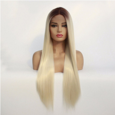 T color dorado cabello largo recto tejido tejido de fibra química europea y americana cabeza de encaje delantera fabricante al por mayor LW0131