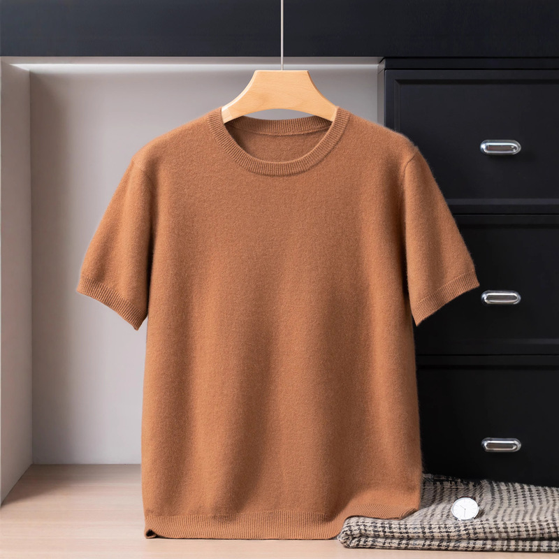 100% Cashmere Short-Sleeved Men's Round Neck Pure Color Knitted T-Shirt Casual Half-Sleeved 2025 Spring & Fall New Style Comfortable and Versatile