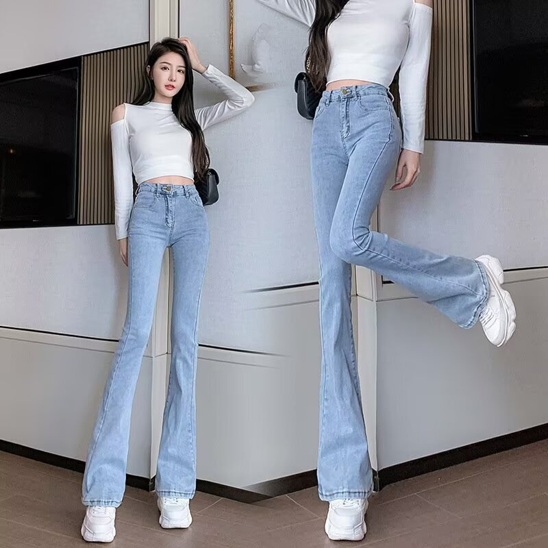 浅蓝色微喇牛仔裤子女2025年秋季新款高腰弹力显瘦喇叭裤马蹄裤子|undefined