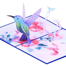 创意彩印紫色蜂鸟蝴蝶立体纸雕镂空3D贺卡手写生日祝福小鸟节日卡