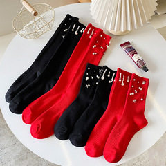 Women's Socks JK Plain Red New Year Trend Droplet Pearl Star Handmade Mid-Calf Knee Socks Factory Wholesale