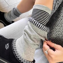 25假两件中筒袜子春秋女双层黑灰拼接条纹堆堆袜洋气显瘦精梳棉袜