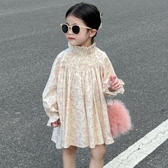2024春季新款 韓版童裝女童小立領長袖碎花裙 拉牛筋泡泡袖連衣裙