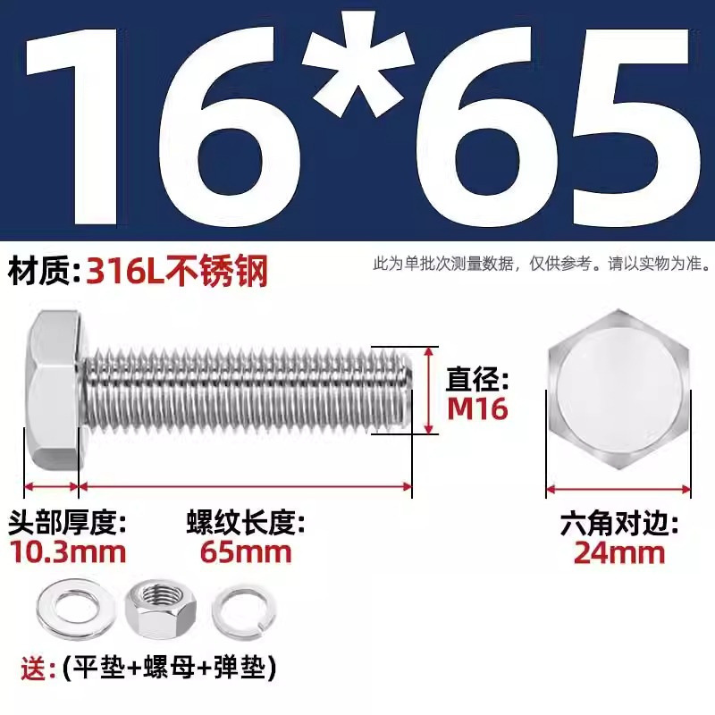 316L acero inoxidable perno hexagonal macho conjunto de tuerca de tornillo conjunto de cojín elástico plano completo M6M8M10M12-M20 image 183