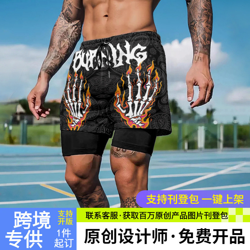 2025 Spring/Summer New American Style Fake Two-Piece Basketball Shorts Men's Sports Training Fitness Running Pants