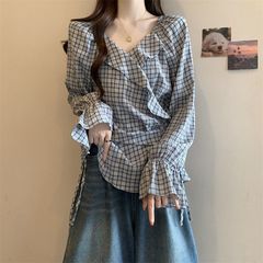 韩版简约通勤格子衬衫宽松长袖系带圆领青年新款遮肚子上衣