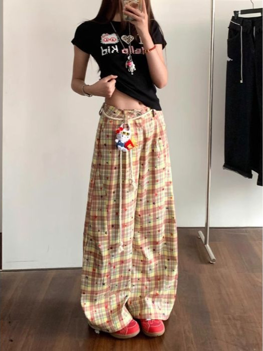 アメリカンレトロなピンクのチェック柄パンツ、女性用夏のスタープリントスリムストレートパンツ、ゆったりとしたカジュアルなドレープワイドレッグパンツ|undefined