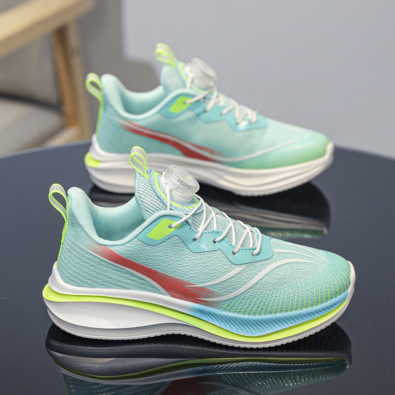 Children's rotating buckle running shoes, featuring a breathable and lightweight Flyknit upper, shock absorption, and a unisex design suitable for both boys and girls, as well as older children. These are athletic shoes designed for running