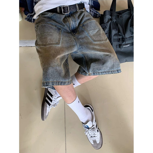 Vintage American streetwear distressed water-wash waste land style pocket design mens summer 5 pocket jeans shorts