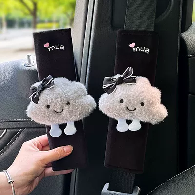 Seat belt shoulder pad, Cute Cloud-Shaped Plush Seatbelt - smiling-cloud-with-black-bow-black-plush-shoulder-pads-pair-black-short-velvet-257cm-mua-gray-cloud-style