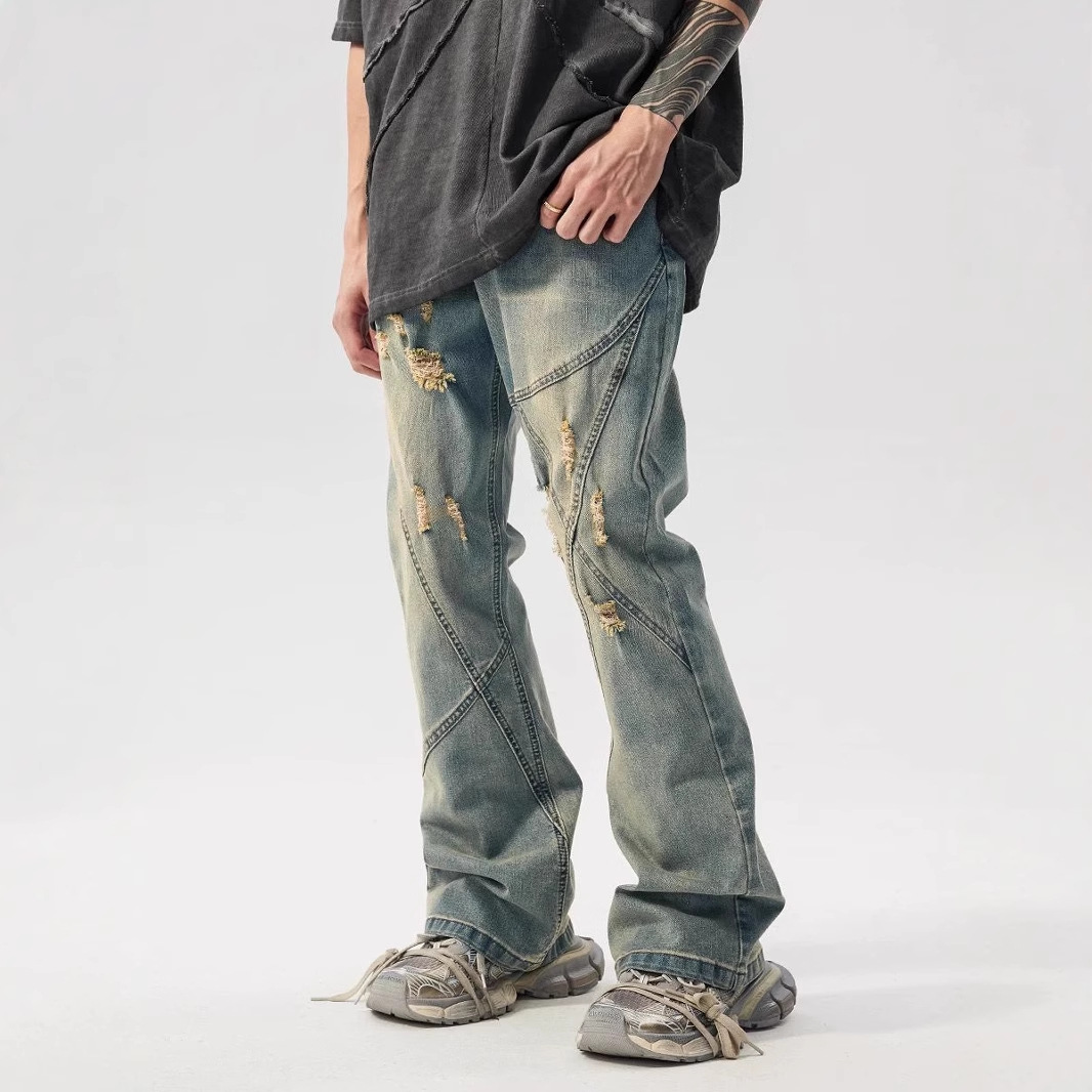 American Old Worn Jeans Men's Loose And Slightly High Street Line Design Style Pants_mkmklike.com