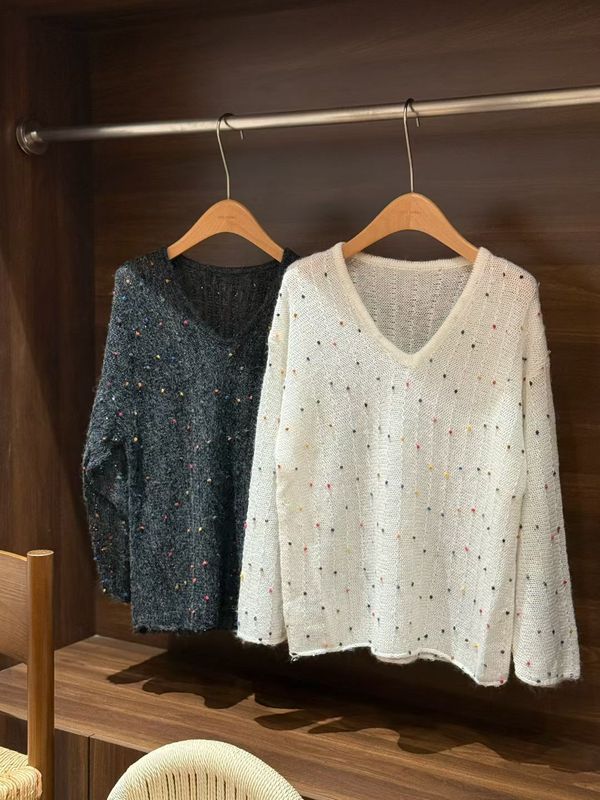 0908-166重工特种纱高品质针织套头纱女马海毛v领上衣早秋|undefined