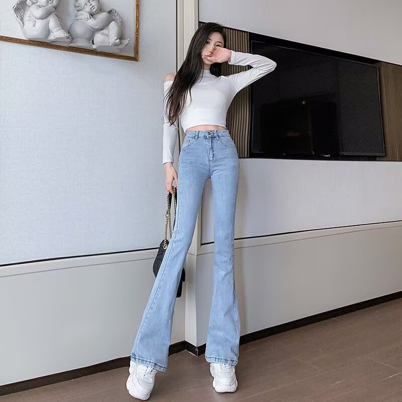 浅蓝色微喇牛仔裤子女2025年秋季新款高腰弹力显瘦喇叭裤马蹄裤子|undefined
