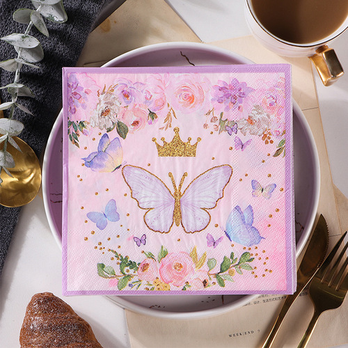 Factory New Pink Butterfly Print Table Towels Face Towels Handkerchiefs Party Pure Wood Pulp Paper Towels Wholesale