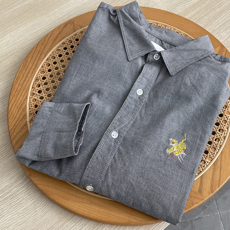 Foreign trade export tail cut label ~ plus size men's tiger embroidery Oxford long sleeve shirt shirt 11451