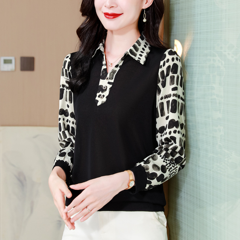 针织长袖T恤女2025秋季新款时尚气质假两件妈妈装洋气小衫上衣潮|undefined