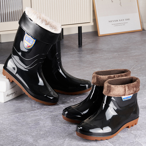 High-tube soft-soled thick-heeled rain boots for men, warm long-tubed water shoes, one-piece construction site rubber shoes, non-slip labor protection rain boots