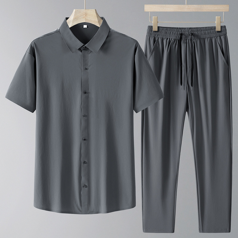 Nuevo traje de verano para hombre, seda de hielo para hombre, ropa de mangas cortas para hombre, camisa de verano para adultos mayores.