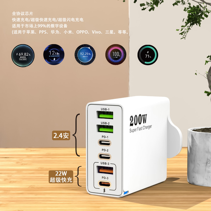 200w窒化ガリウム多口充電器3usb 3pd急速充電ヘッド欧米英語充電ヘッドはアップルの携帯電話を適用している|undefined