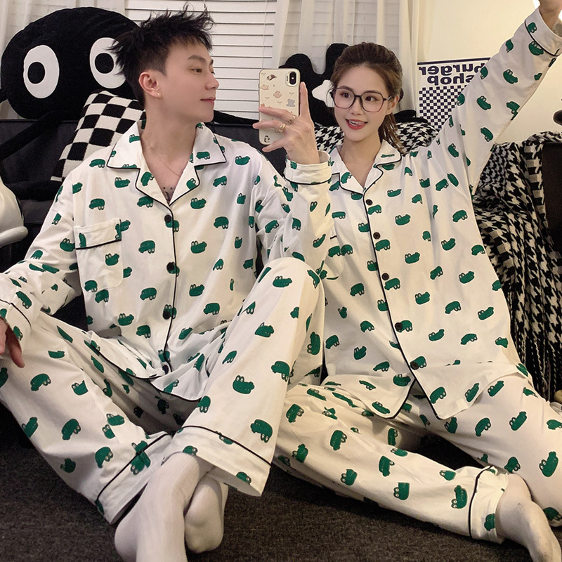 Couple Pajamas Pure Cotton Long-Sleeved Spring & Fall Women's Simple Casual Men's Crocodile Cardigan Cotton Home Wear Set