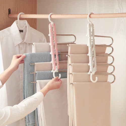 Stainless steel pants hanger, multi-functional pants clip, plastic extendable clothing hanger, foldable multi-layer metal rod pants hanger