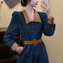 秋季温柔系穿搭掐腰连衣裙大码胖mm显瘦收腰长袖上衣牛仔裙中长款
