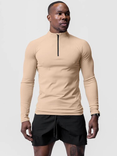 Men's European and American Sports Fitness Compression Spandex Half-Zip Dry-Wicking Solid Color Exercise Long-Sleeve Top