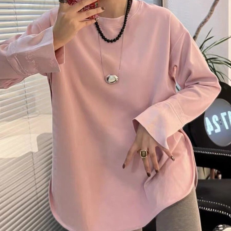 Loose All-Match Long-Sleeved T-Shirt Fashionable Simple Elegant Mid-Long Curved Hem with Shark Pants Leggings