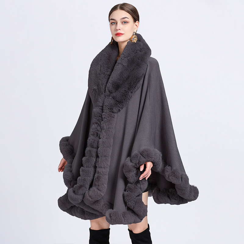 Cross-Border European and American Loose Large Size Fur Collar Shawl Cloak Autumn and Winter New Elegant Elegant Thickeneded Knitwear Sweater for Women