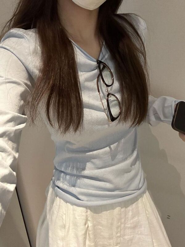 浅蓝色卷边长袖T恤女2025秋季防晒罩衫春秋韩系百搭薄款打底上衣|undefined