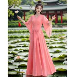 新款仙女飘逸纯色收腰气质雪纺长裙新中式超仙连衣裙禅意仙气茶服