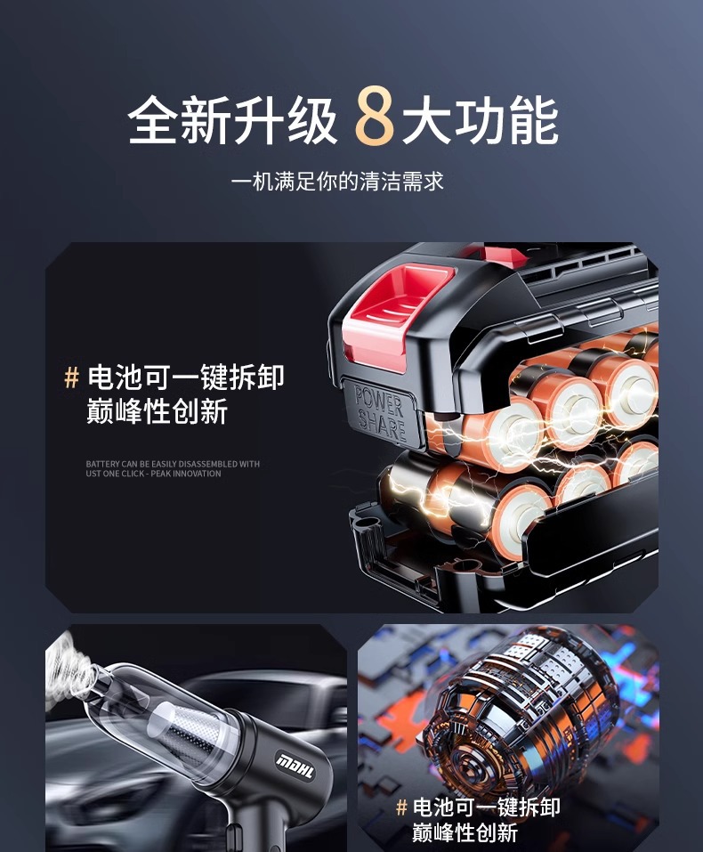 Car Vacuum Cleaner, Lithium Battery, Handheld, Small, Super Powerful, Wireless Charging, Dual-Purpose for Home Use, Suction and Blowing, High Suction Power for Car Interior