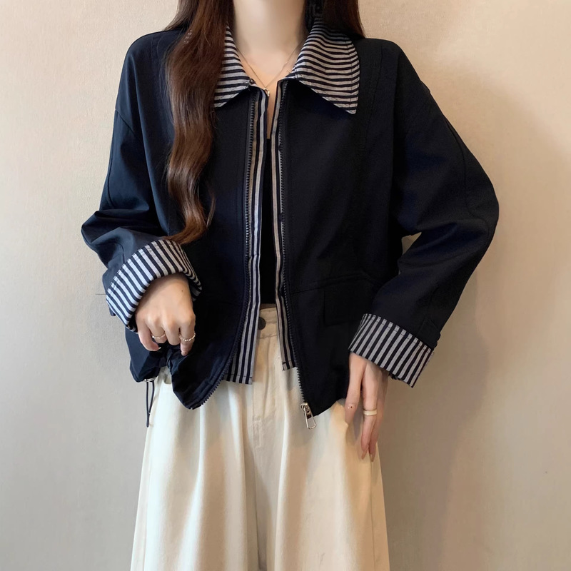 Fake Two-Piece Dark Blue Long-Sleeve Jacket for Women, Spring Fashion, Plus Size, Korean Chic Style, Short Jacket for Petite Figures