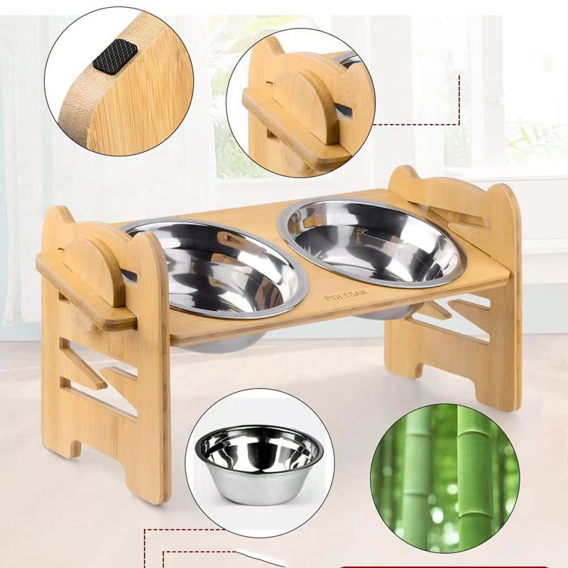 Gato creativo de madera tazón mesa de comedor estante de bambú para mascotas tazón estante de acero inoxidable perro tazón madera mascota gato alimentación rack