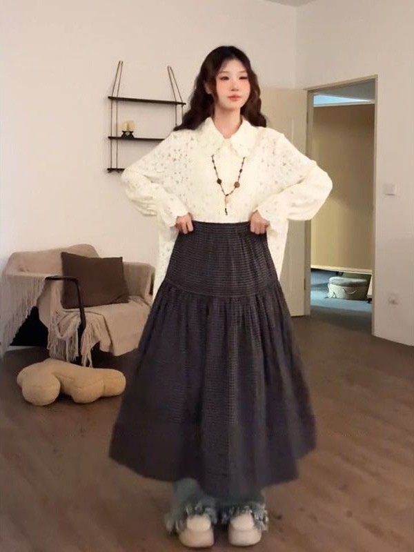 韩系学院风休闲灰色针织马甲+长袖衬衫+高腰格子半身裙女三件套装|undefined
