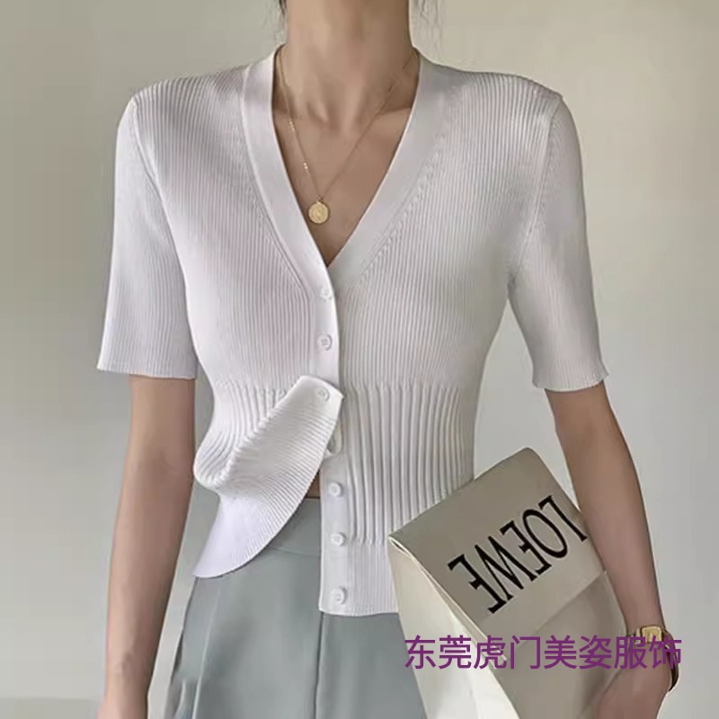 Knitted Knitwear Women's Cardigan Summer Niche Design V-Neck Slim Thin Short-Sleeved T-Shirt Popular Short Top