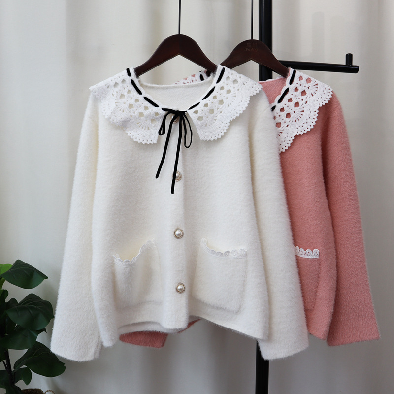 French Stitching Lace Imitation Mink Cashmere Sweater Jacket for Women 2024 Autumn and Winter New Sweet Age-reducing Knitted Cardigan for Women French Stitching Lace Imitation Mink Cashmere Sweater Jacket for Women 2024 Autumn and Winter New Sweet Age-reducing Knitted Cardigan for Women