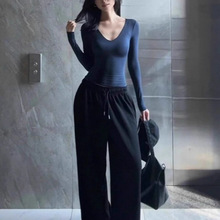 纯棉正肩白色长袖t恤女春秋季可外穿上衣韩版修身圆领内搭打底衫
