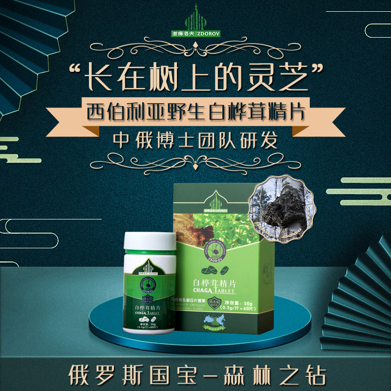 滋得洛夫白桦茸精片 俄罗斯桦树茸黑金精片桦褐孔菌60片装