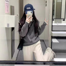 日系学院风灰色高领半拉链套头毛衣女秋冬加厚慵懒宽松针织衫上衣